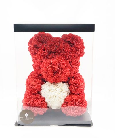 FLOWERS TEDDY BEAR RED &WHITE HEART 60e 40CM (2)